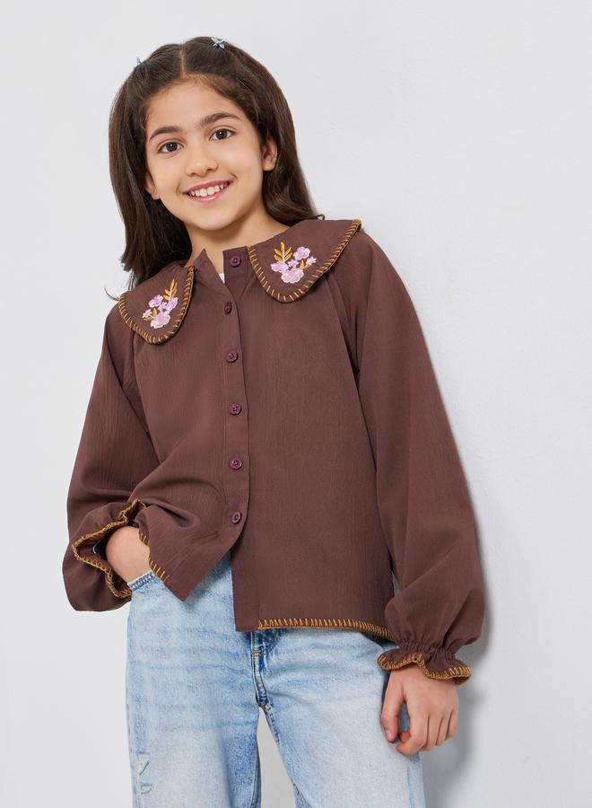 Styli Girls Embroidered Collar Brown Cotton Shirt - Image 1