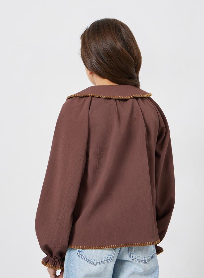 Styli Girls Embroidered Collar Brown Cotton Shirt - Image 5
