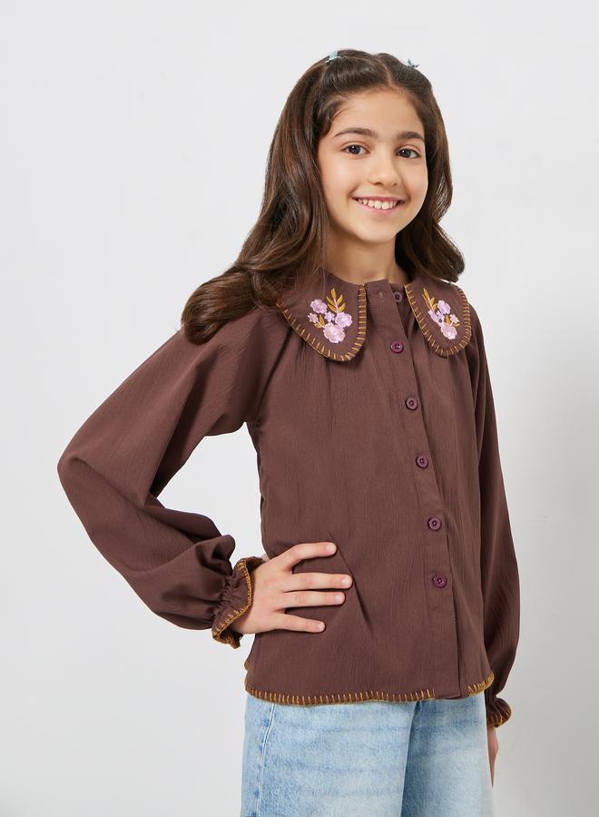 Styli Girls Embroidered Collar Brown Cotton Shirt - Image 3