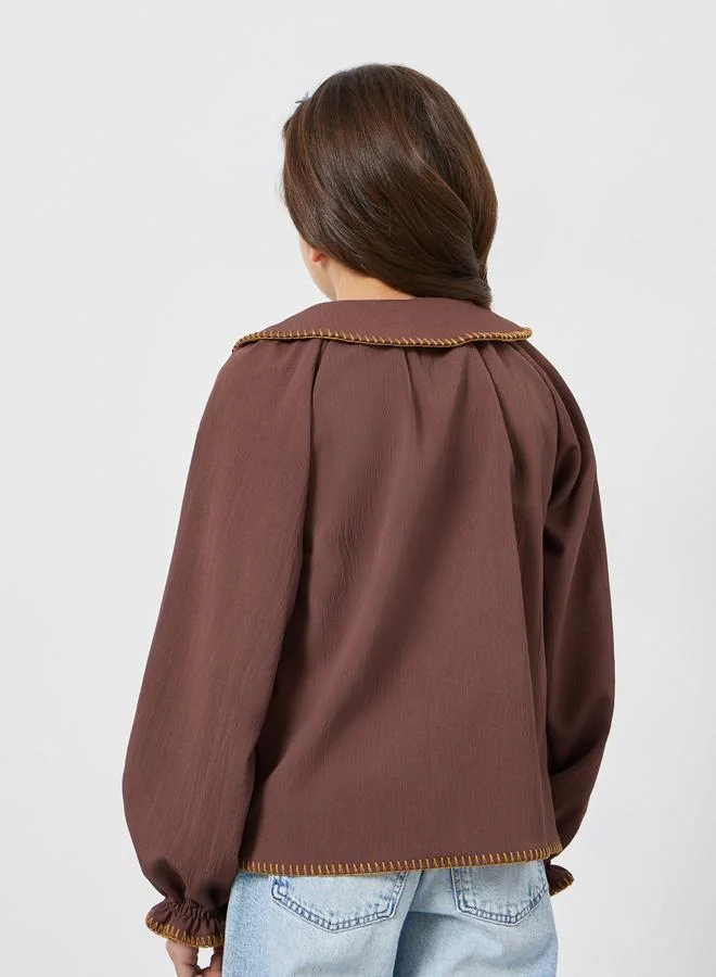 Styli Girls Embroidered Collar Brown Cotton Shirt