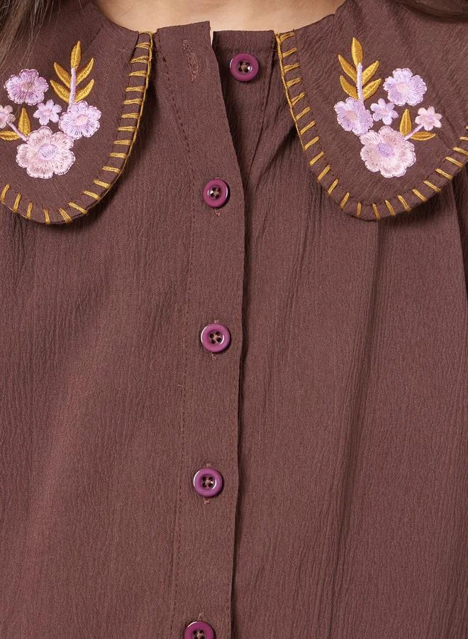 Styli Girls Embroidered Collar Brown Cotton Shirt