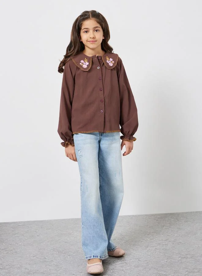 Styli Girls Embroidered Collar Brown Cotton Shirt