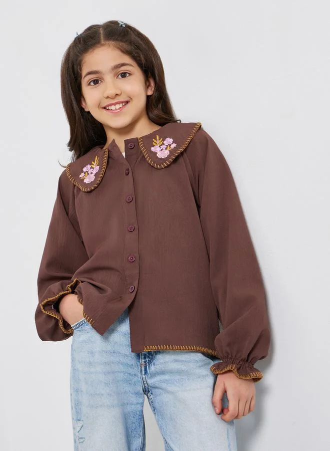 Styli Girls Embroidered Collar Brown Cotton Shirt