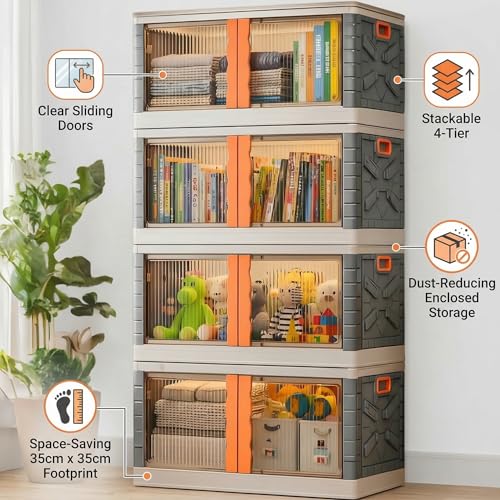 HAIXIN Collapsible Storage Bins, Clear Black Wardrobe Closet Organizer, Foldable Plastic Storage Container With Door, Crate For Book Storage (2Pcs-72L, Transparent - Orange), 57 x 38 x 34 Centimeters - Image 3