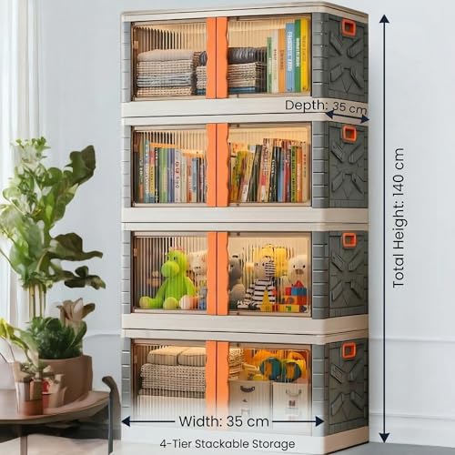 HAIXIN Collapsible Storage Bins, Clear Black Wardrobe Closet Organizer, Foldable Plastic Storage Container With Door, Crate For Book Storage (2Pcs-72L, Transparent - Orange), 57 x 38 x 34 Centimeters - Image 4