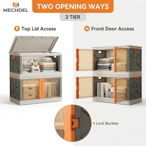 HAIXIN Collapsible Storage Bins, Clear Black Wardrobe Closet Organizer, Foldable Plastic Storage Container With Door, Crate For Book Storage (2Pcs-72L, Transparent - Orange), 57 x 38 x 34 Centimeters - Image 2