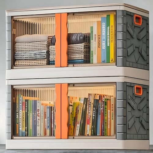 HAIXIN Collapsible Storage Bins, Clear Black Wardrobe Closet Organizer, Foldable Plastic Storage Container With Door, Crate For Book Storage (2Pcs-72L, Transparent - Orange), 57 x 38 x 34 Centimeters - Image 1
