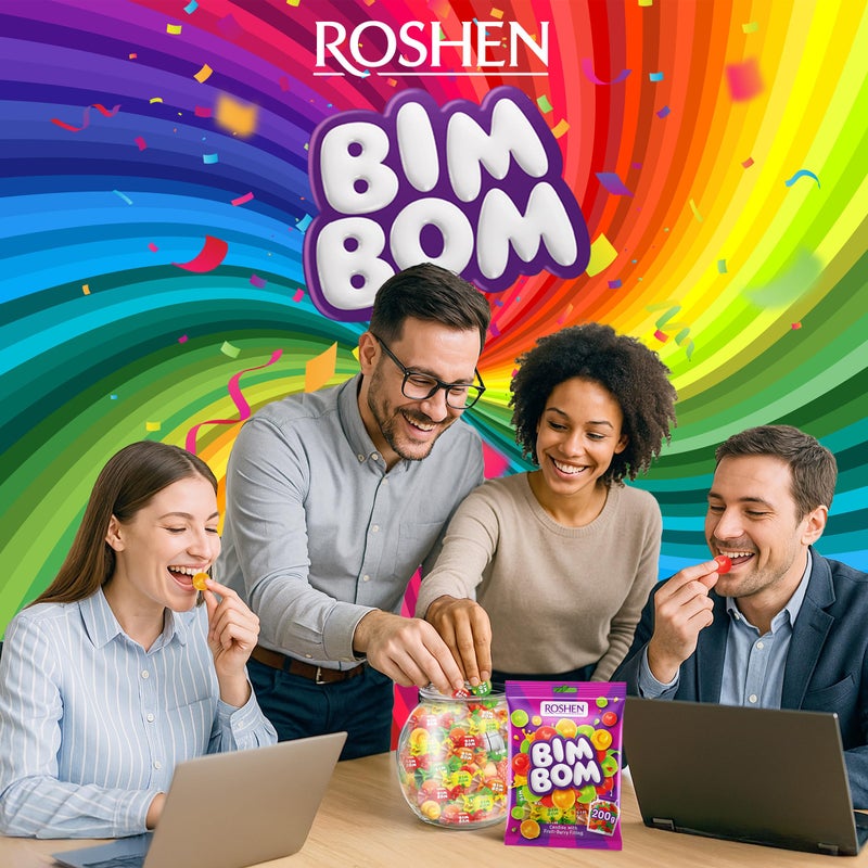 Roshen حلوى روشين بيم بوم الصلبة - حلوى فواكه وتوت متنوعة، مغلفة بشكل فردي، 7.05 أونصة (200 جرام)، كمثرى، أناناس، فراولة، توتي-فروتي - Image 5