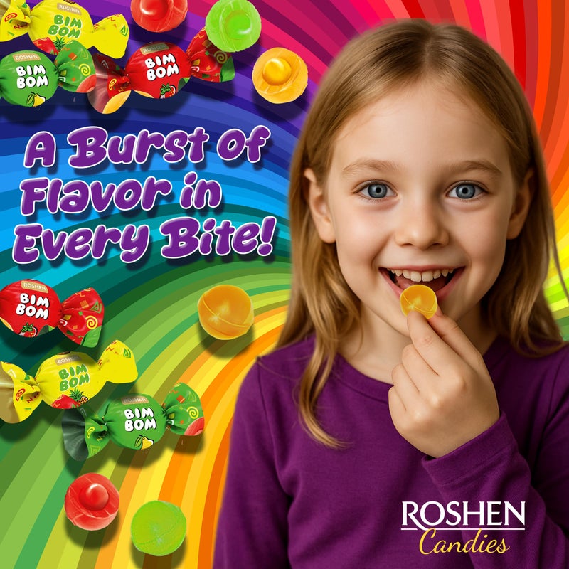 Roshen حلوى روشين بيم بوم الصلبة - حلوى فواكه وتوت متنوعة، مغلفة بشكل فردي، 7.05 أونصة (200 جرام)، كمثرى، أناناس، فراولة، توتي-فروتي - Image 2