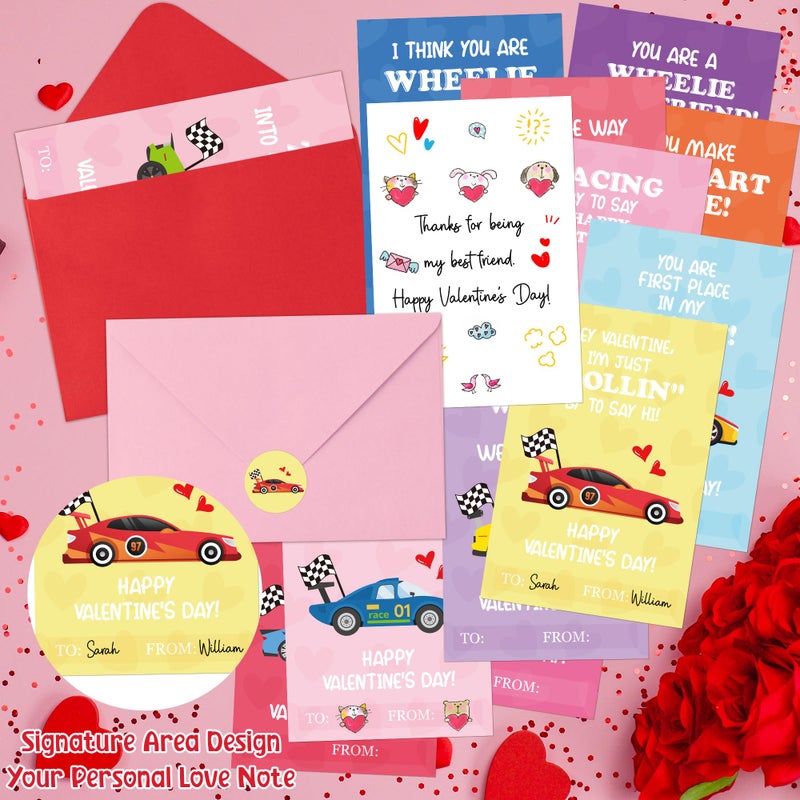 TICIAGA 72pcs Valentineâ€™s Day Racing Car Greeting Cards with Envelop and Sticker for Kid, 4 x 6 IN Adorable Race Car Notecard Exchange Gift for Boy Girl School Classroom Supply, Valentines Party Favor - Image 3