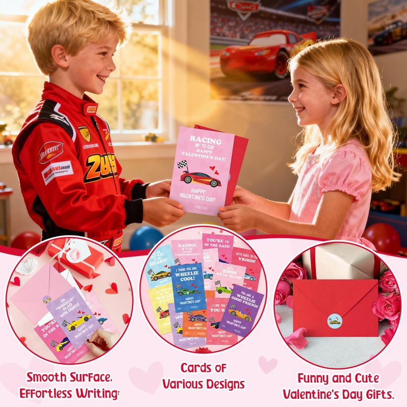 TICIAGA 72pcs Valentineâ€™s Day Racing Car Greeting Cards with Envelop and Sticker for Kid, 4 x 6 IN Adorable Race Car Notecard Exchange Gift for Boy Girl School Classroom Supply, Valentines Party Favor - Image 4