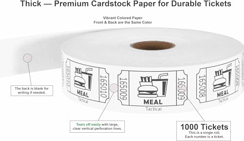 Tacticai 1000 Raffle Tickets, Meal, White (1 of 8 Colors), Single Roll, Ticket for Events, Food, Class Reward, Fundraiser & Prizes - Image 2