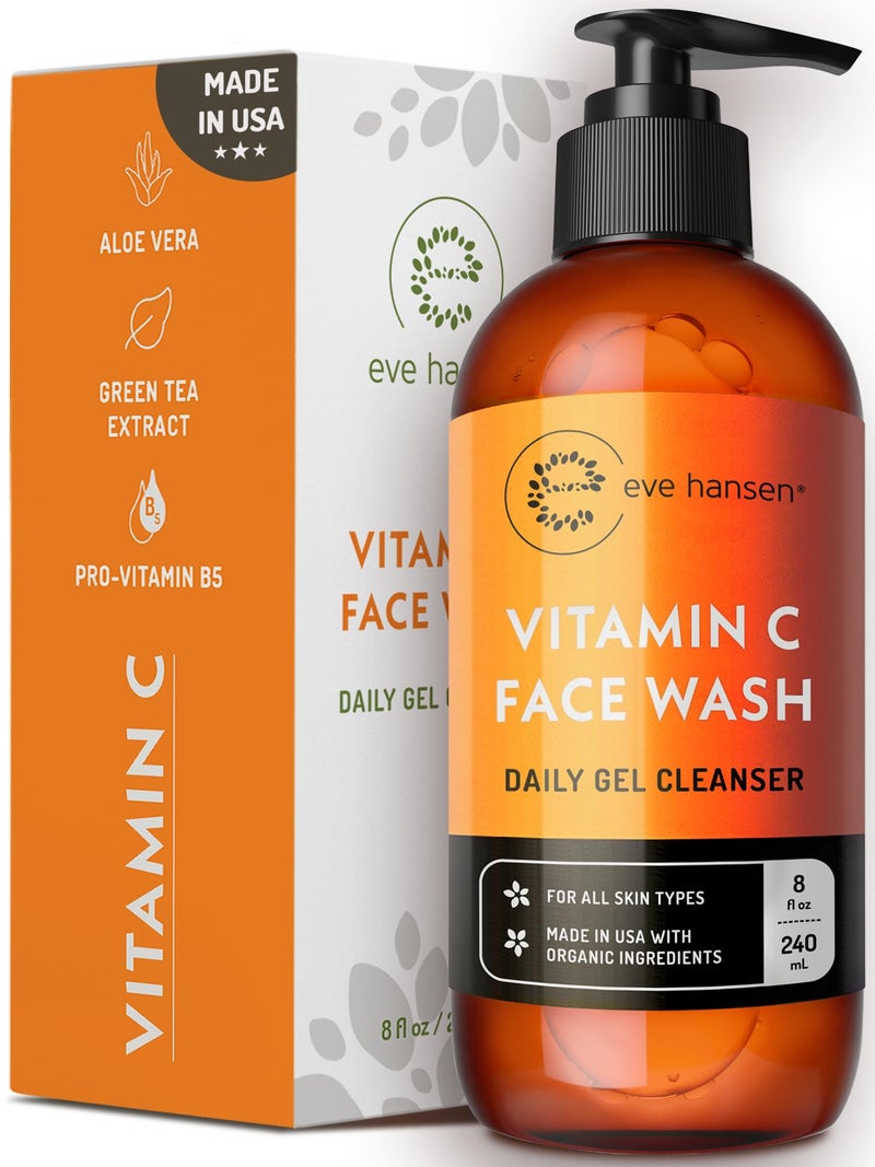 Eve Hansen Vitamin C Cleanser Face Wash  HUGE 8 oz Gentle Facial Cleansing Gel for Uneven Skin Tone Age Spots and Fine Lines  Natural Face Soap with Aloe Vera Green Tea Ginseng