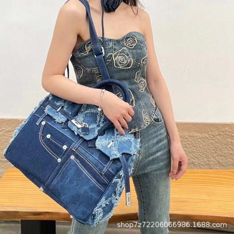 حقيبة كتف محمولة من الدنيم بتصميم جيب بنطلون مزيف حقيبة بلاتينية حقيبة كاجوال للنساء - Image 3