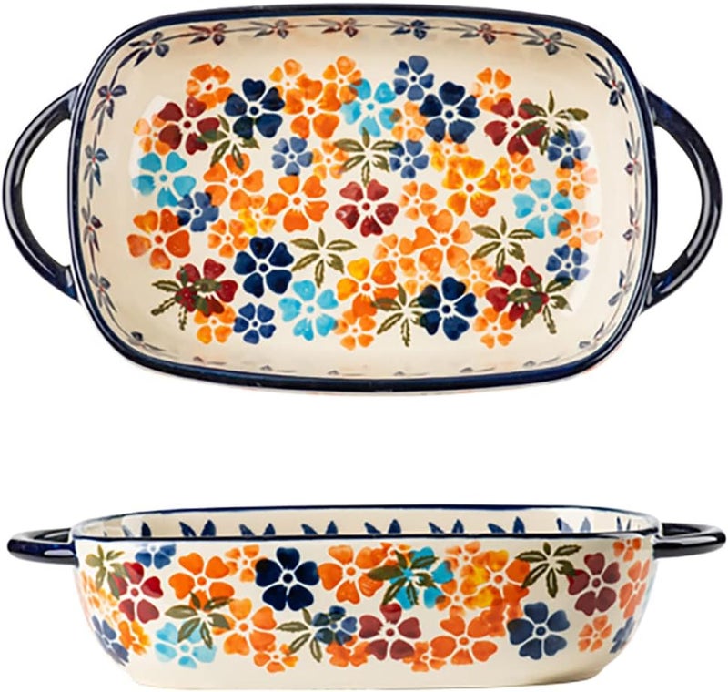Bicuzat Colorful Cherry Blossom Flowers Vintage Style Ceramic Bakeware Dish Casserole Dish Baking Pan Lasagna Pans with Handles for Oven/Cooking/Kitchen, 1 PCS, 22 oz - Image 1
