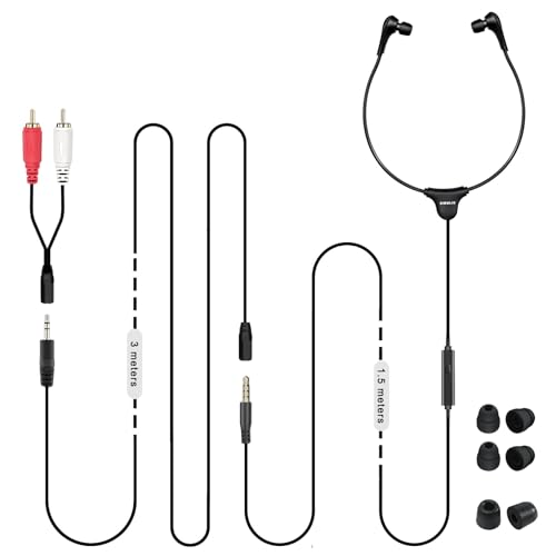 SIMOLIO Anti-Dropping Wired TV Earphone with Volume Control, Extra Long Cord Headphone with Mic for TV, PC, RCA & 3.5mm Cable Included, 14.9ft Extension Cable Earphone, Extra Soft Ear Tips, SM-901TV - Image 1