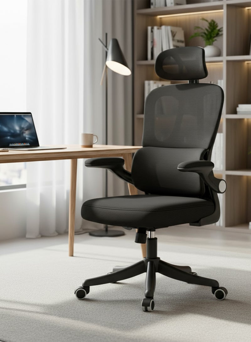 DROGO Premium Ergonomic Office Chair for Work from Home, High Back Computer Chair with Breathable Mesh, Flip-up Armrest, Adjustable Headrest, Recline, Adjustable Seat & Lumbar Support | Mesh Chair for Office Black - Image 1