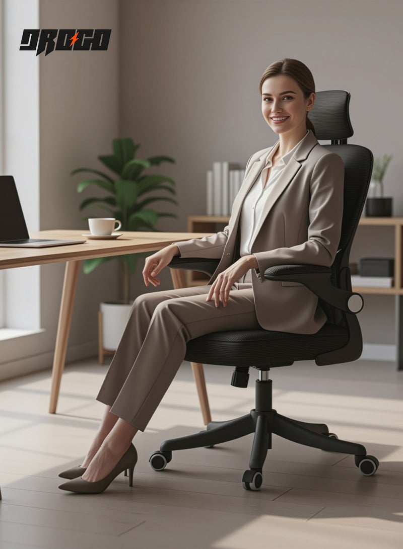 DROGO Premium Ergonomic Office Chair for Work from Home, High Back Computer Chair with Breathable Mesh, Flip-up Armrest, Adjustable Headrest, Recline, Adjustable Seat & Lumbar Support | Mesh Chair for Office Black - Image 3