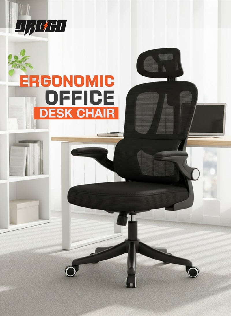 DROGO Premium Ergonomic Office Chair for Work from Home, High Back Computer Chair with Breathable Mesh, Flip-up Armrest, Adjustable Headrest, Recline, Adjustable Seat & Lumbar Support | Mesh Chair for Office Black - Image 2