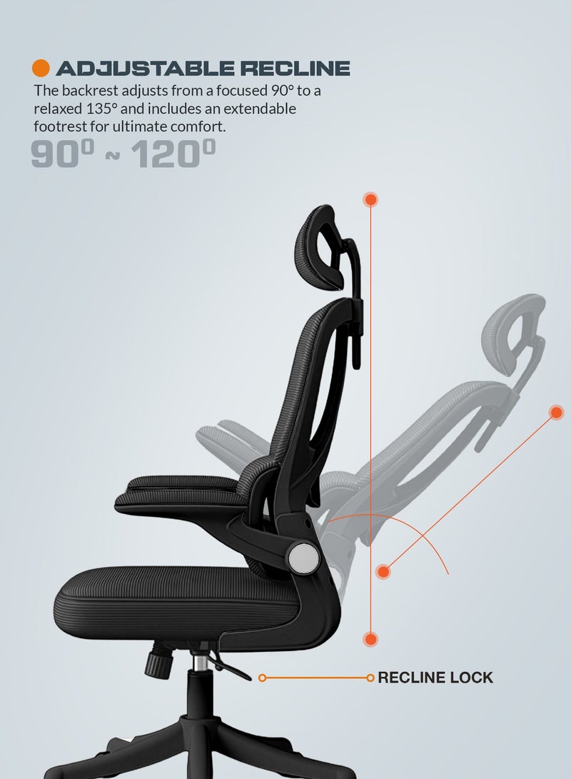 DROGO Premium Ergonomic Office Chair for Work from Home, High Back Computer Chair with Breathable Mesh, Flip-up Armrest, Adjustable Headrest, Recline, Adjustable Seat & Lumbar Support | Mesh Chair for Office Black - Image 4