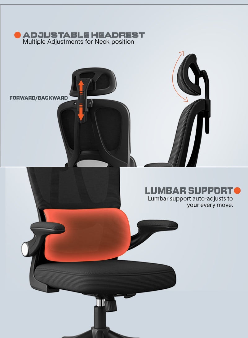 DROGO Premium Ergonomic Office Chair for Work from Home, High Back Computer Chair with Breathable Mesh, Flip-up Armrest, Adjustable Headrest, Recline, Adjustable Seat & Lumbar Support | Mesh Chair for Office Black - Image 5