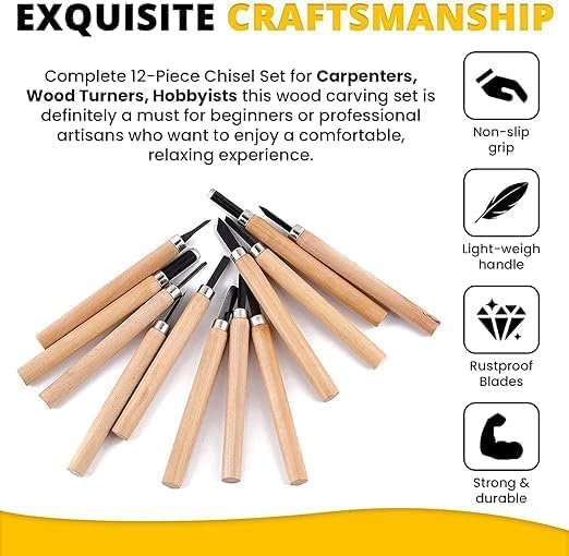 Deziine®12Pc Professional Carving Chisel Set, Carbon Steel Wood Carving Tools, Woodworking Chisels Wood Chisel Kits for Carving Woodworking Beginners & Kids - Image 5