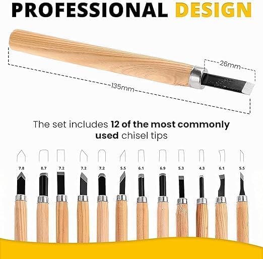 Deziine®12Pc Professional Carving Chisel Set, Carbon Steel Wood Carving Tools, Woodworking Chisels Wood Chisel Kits for Carving Woodworking Beginners & Kids - Image 3