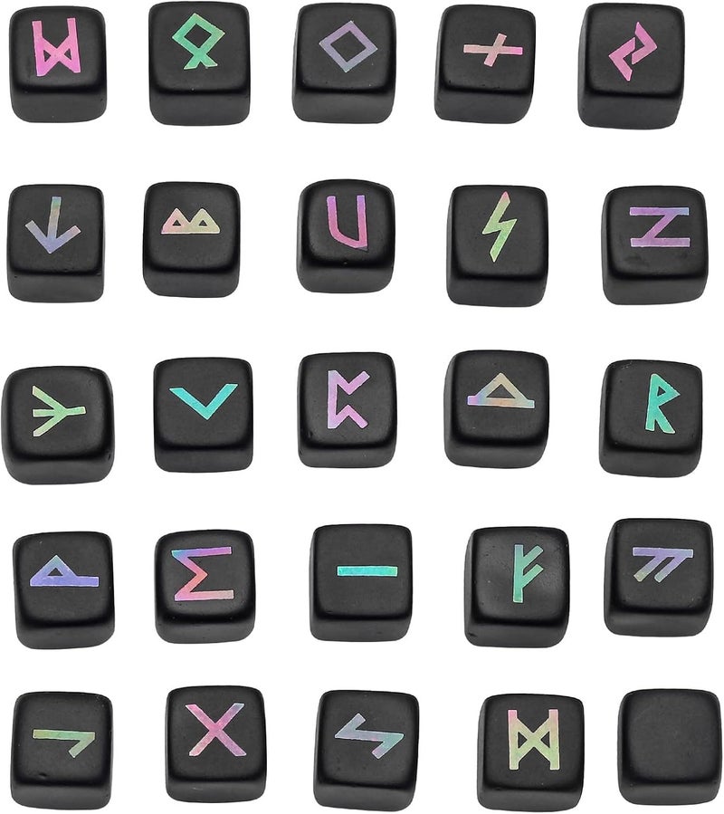 مجموعة أحجار الرون الأسود المصقولة من روك كلاود، 25 قطعة، أحجار جيب منقوشة بأبجدية إلدير فوثارك للتأمل والتنجيم، ملونة