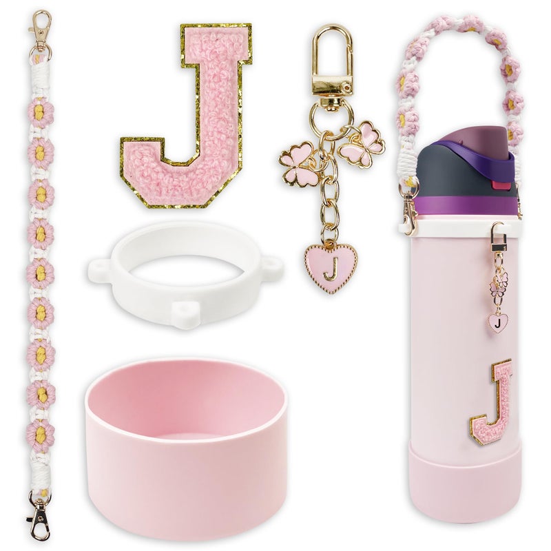 SITKOL Silicone Boot Cute Monogram Set Compatible With Owala Water Bottle 32 Oz - Perfect Letter Owala Accessories For Owala Tumbler, Owala Free Sip, Pink Owala, Black Owala, Owala Coffee Tumbler (Pink, J) - Image 1