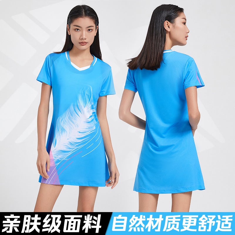 Generic Womens Tennis Suit dress suit Short-sleeved Training Suit Printed Sportswear Competition Suit Badminton Suit Quick-drying 8812 sky blue dress [free lining]