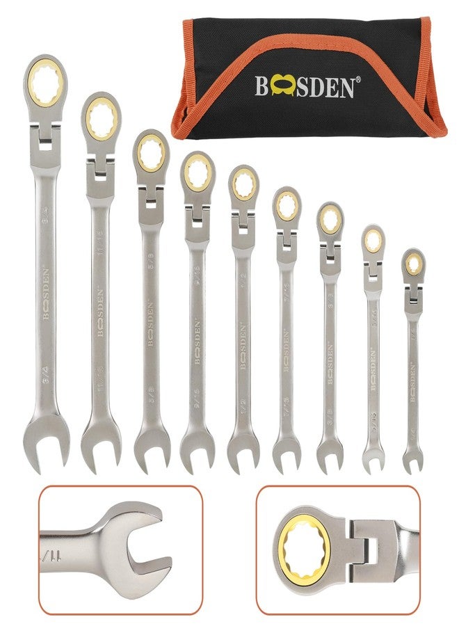 BOOSDEN 9-Piece Ratcheting Wrench Set, Flex-Head Ratchet Combination Wrench Sets with Roll-up Pouch, SAE 1/4-3/4" for Household, Garage, Auto Repairs - Image 1