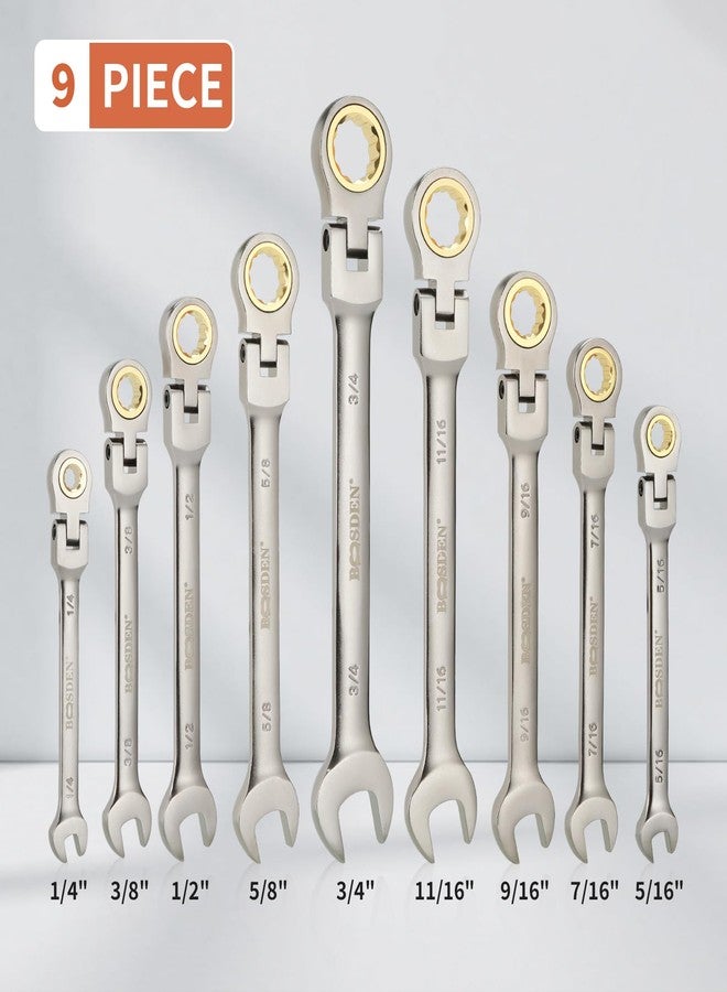 BOOSDEN 9-Piece Ratcheting Wrench Set, Flex-Head Ratchet Combination Wrench Sets with Roll-up Pouch, SAE 1/4-3/4" for Household, Garage, Auto Repairs - Image 2