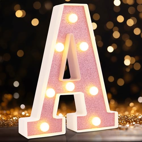 DyingSwan Small Led Marquee Letters, Light Up Letters, 8.58 Inch Led Letter Lights, Battery Powered Lighted Sign for Table, Party, Birthday, Christmas Decor (Pink Glitter, Letter A) - Image 1