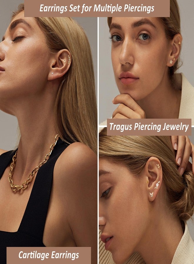 YADOCA 12Pcs 16G Tragus Earrings for Women Cartilage Earring Flat Back Stainless Steel Top Screw CZ Butterfly Bee Flower Moon Heart Flatback Stud Earrings Labret Conch Helix Cartilage Tragus Piercing Jewelry Set Gold Tone 6MM - Image 3