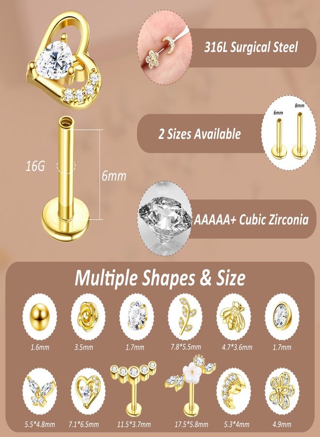 YADOCA 12Pcs 16G Tragus Earrings for Women Cartilage Earring Flat Back Stainless Steel Top Screw CZ Butterfly Bee Flower Moon Heart Flatback Stud Earrings Labret Conch Helix Cartilage Tragus Piercing Jewelry Set Gold Tone 6MM - Image 4