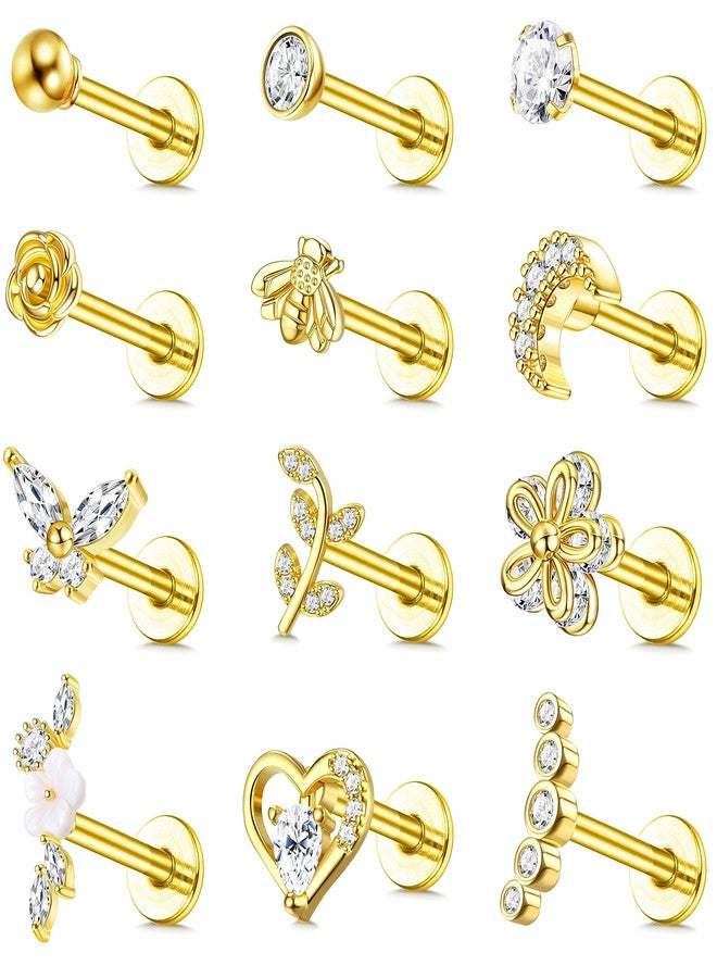 YADOCA 12Pcs 16G Tragus Earrings for Women Cartilage Earring Flat Back Stainless Steel Top Screw CZ Butterfly Bee Flower Moon Heart Flatback Stud Earrings Labret Conch Helix Cartilage Tragus Piercing Jewelry Set Gold Tone 6MM - Image 1