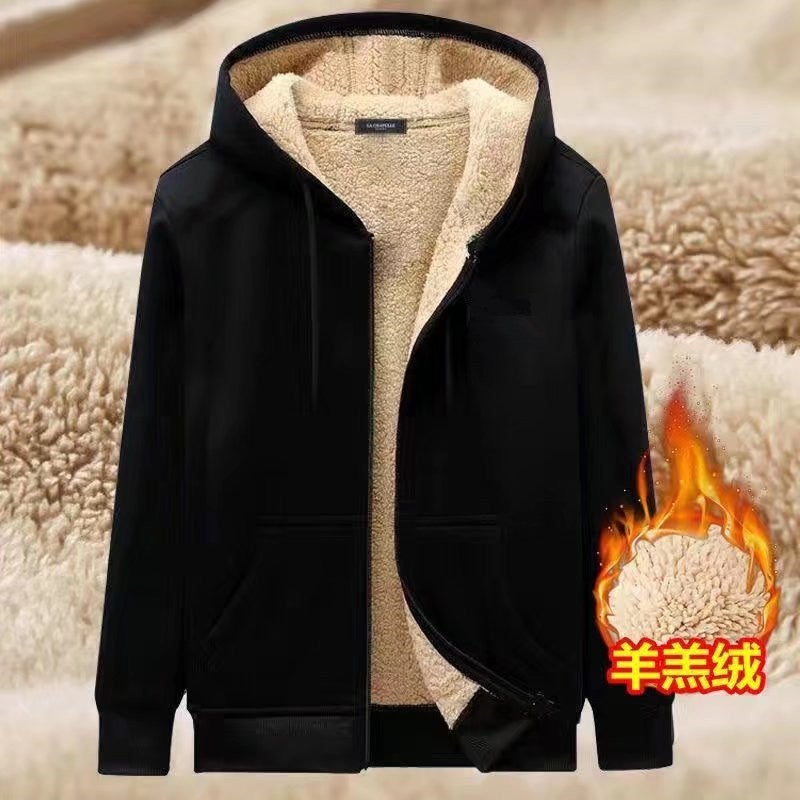 Autumn and Winter hooded mens fleece-lined sweater zipper cardigan loose plus size top winter lambswool thickened coat Light gray - Image 5