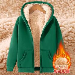 Autumn and Winter hooded mens fleece-lined sweater zipper cardigan loose plus size top winter lambswool thickened coat Light gray - Image 2