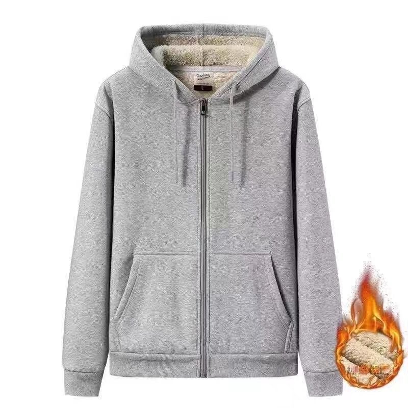 Autumn and Winter hooded mens fleece-lined sweater zipper cardigan loose plus size top winter lambswool thickened coat Light gray - Image 1