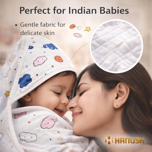 HANUSH 100% Muslin Cotton Baby Hooded Towel 75×75 cm – Double Layer Soft Newborn Bath Wrap, Organic Muslin Bath Towel for Infants & Babies (Unisex, Elephant & Cloud Print) - Image 5