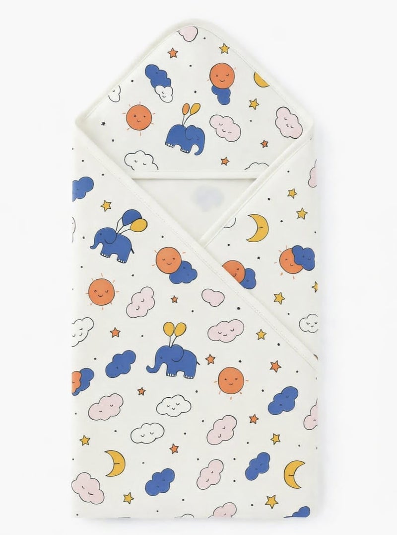 HANUSH 100% Muslin Cotton Baby Hooded Towel 75×75 cm – Double Layer Soft Newborn Bath Wrap, Organic Muslin Bath Towel for Infants & Babies (Unisex, Elephant & Cloud Print) - Image 1