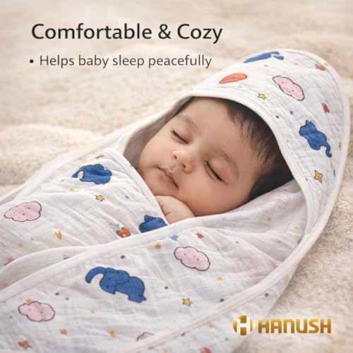 HANUSH 100% Muslin Cotton Baby Hooded Towel 75×75 cm – Double Layer Soft Newborn Bath Wrap, Organic Muslin Bath Towel for Infants & Babies (Unisex, Elephant & Cloud Print) - Image 3