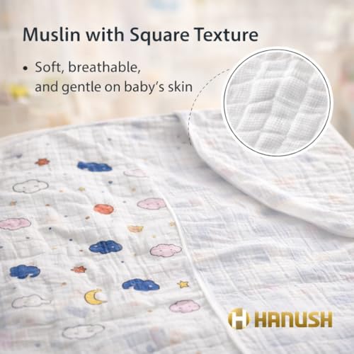 HANUSH 100% Muslin Cotton Baby Hooded Towel 75×75 cm – Double Layer Soft Newborn Bath Wrap, Organic Muslin Bath Towel for Infants & Babies (Unisex, Elephant & Cloud Print) - Image 2