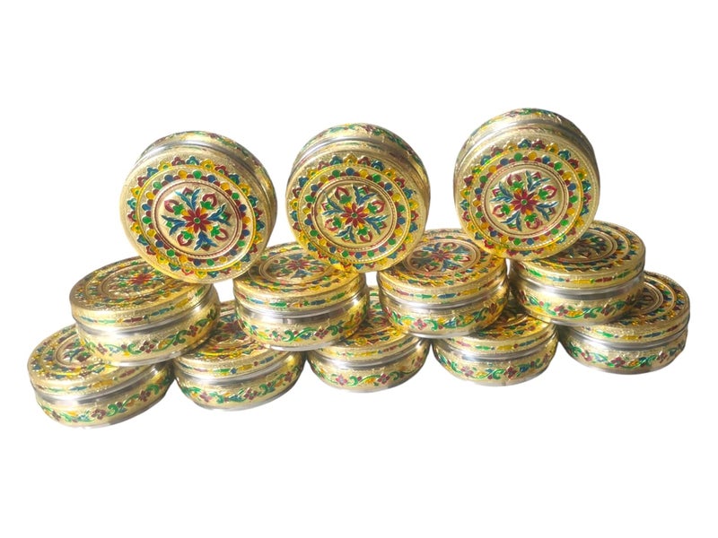 CRAFTS WORLD Handicraft Stainless Steel Dabba Container Meenakari Rajwadi Decorative Oxidized Storage BoxChapati BoxRoti Box for Serving Dryfruit Chocolate And MukwasFestival Gift350MlGold 12 - Image 2