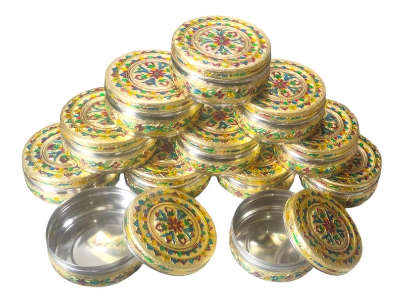 CRAFTS WORLD Handicraft Stainless Steel Dabba Container Meenakari Rajwadi Decorative Oxidized Storage BoxChapati BoxRoti Box for Serving Dryfruit Chocolate And MukwasFestival Gift350MlGold 12 - Image 1