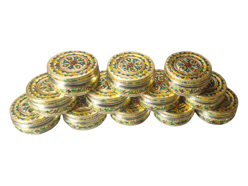CRAFTS WORLD Handicraft Stainless Steel Dabba Container Meenakari Rajwadi Decorative Oxidized Storage BoxChapati BoxRoti Box for Serving Dryfruit Chocolate And MukwasFestival Gift350MlGold 12 - Image 4