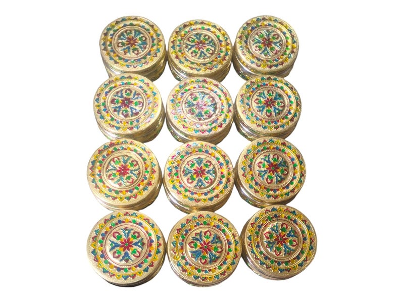 CRAFTS WORLD Handicraft Stainless Steel Dabba Container Meenakari Rajwadi Decorative Oxidized Storage BoxChapati BoxRoti Box for Serving Dryfruit Chocolate And MukwasFestival Gift350MlGold 12 - Image 5