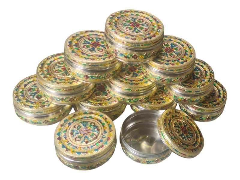 CRAFTS WORLD Handicraft Stainless Steel Dabba Container Meenakari Rajwadi Decorative Oxidized Storage BoxChapati BoxRoti Box for Serving Dryfruit Chocolate And MukwasFestival Gift350MlGold 12 - Image 3