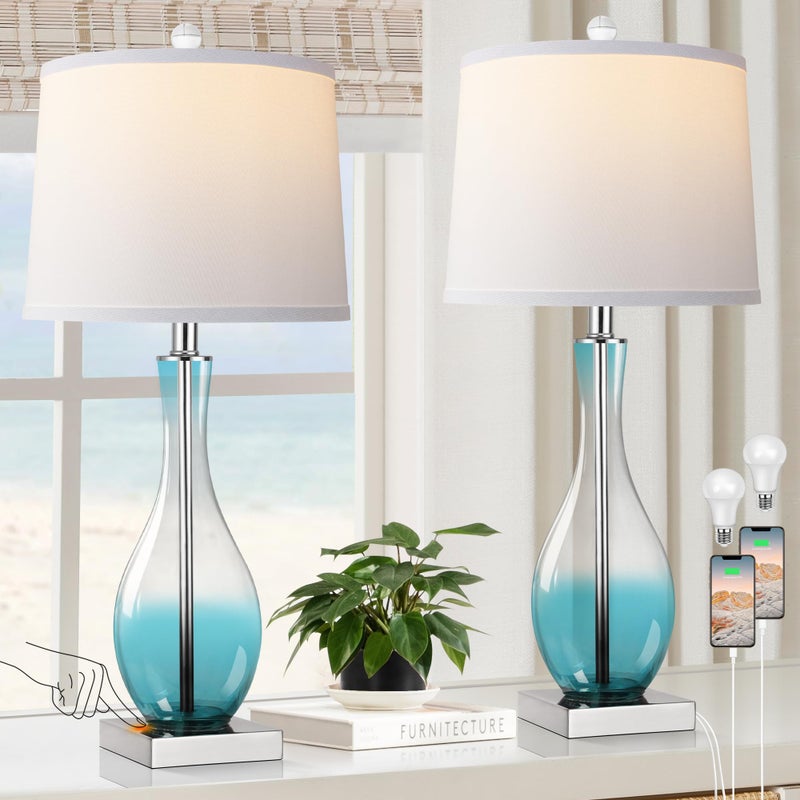 WIHTU Table Lamps Set of 2 with Touch Control 27 Bedside Desk Lamps for Nightstand Decorations 3Way Dimmable Modern Glass Table lamp with USB C and A Charging Ports Blue LED Bulbs Included - Image 2