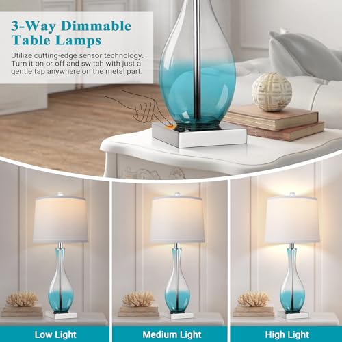 WIHTU Table Lamps Set of 2 with Touch Control 27 Bedside Desk Lamps for Nightstand Decorations 3Way Dimmable Modern Glass Table lamp with USB C and A Charging Ports Blue LED Bulbs Included - Image 3